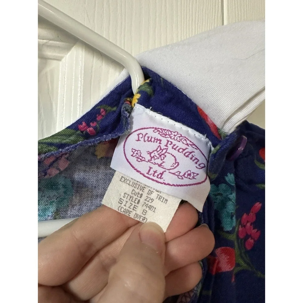 VTG 80s PLUM PUDDING Dress Girls 8 Blue Floral Holiday Cottage Tulle Lined